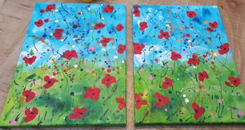 Tweeluik schilderij met klaprozen in kleurrijke bloemenweide beschikbaar voor biedingen