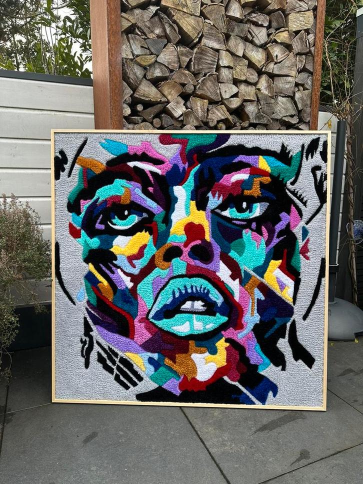 Uniek wandkleed in houten lijst 1.03 m x 1.03 m, Antiek en Kunst, Kunst | Schilderijen | Modern, Ophalen