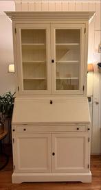 Witte houten secretaire buro vitrinekast, Ophalen, Gebruikt, 50 tot 100 cm, Klassiek landelijk