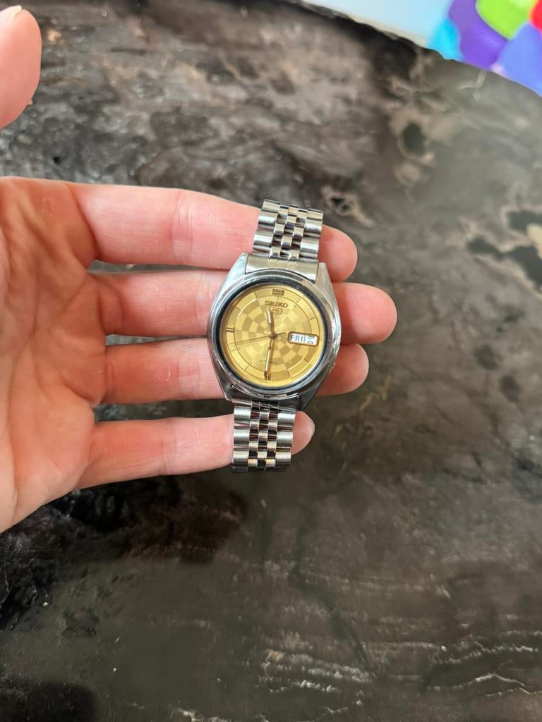 Seiko 5 Automaat (goud, checker), Sieraden, Tassen en Uiterlijk, Horloges | Heren, Zo goed als nieuw, Seiko, Zilver, Staal, Ophalen of Verzenden
