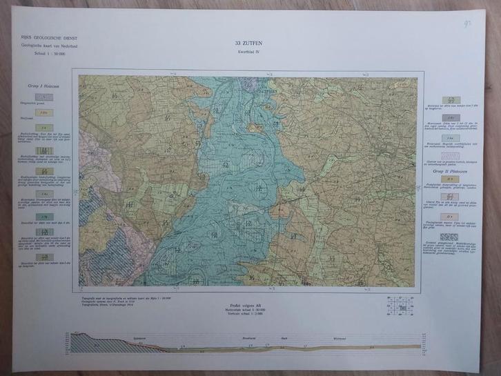 95 / Geologische kaart uit 1934 Zutphen kwartblad IV, Boeken, Atlassen en Landkaarten, Zo goed als nieuw, Landkaart, Nederland