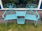 Brocante engelse stijl tuinstoel tuinbank in turquoise, Tuin en Terras, Tuinbanken, Ophalen, Zo goed als nieuw, Metaal