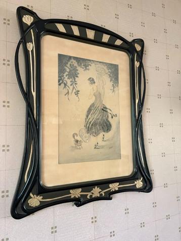 Elegante Jugendstil Gravure “Dame mit Hund”  beschikbaar voor biedingen