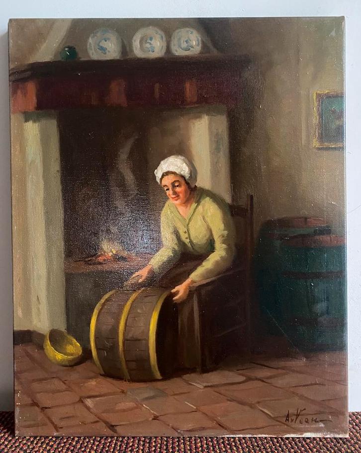 Klassiek schilderij van een vrouw die een ton boent, Antiek en Kunst, Kunst | Schilderijen | Klassiek, Ophalen of Verzenden