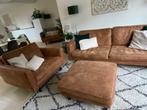 Bankstel + Fauteuills + footstool, Huis en Inrichting, 100 tot 125 cm, Cognac semi leer, Rechte bank, Gebruikt