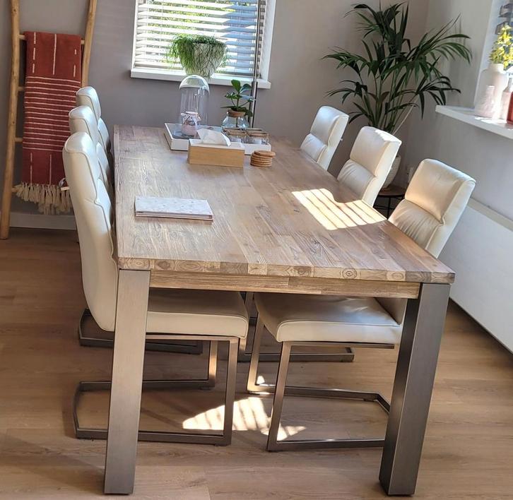 Eethoek: eettafel en 6 leren stoelen met rvs sledepoot, Huis en Inrichting, Complete eetkamers, Gebruikt, 6 tot 8 stoelen, Ophalen