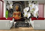 Buddha beeld met orchidee fotobehang, boeddha behang, Verzenden, Buddha behang, wellness