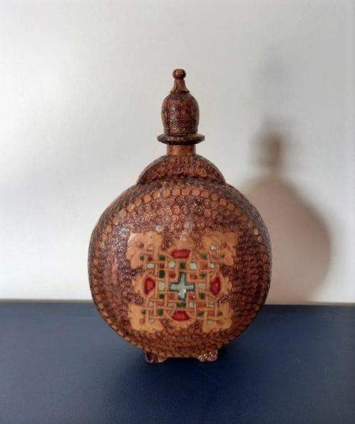 Houten handgedecoreerde pelgrimsfles, Antiek en Kunst, Curiosa en Brocante, Verzenden