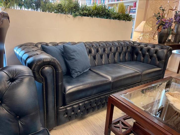 NIEUW Birmingham chesterfield 4 Zits bank leer Jeans Blauw, Huis en Inrichting, Banken | Bankstellen, Nieuw, Leer, Ophalen of Verzenden