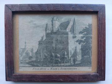 17 / ingelijste gravure uit 1746 Steenbergen Kerk + Stadhuis beschikbaar voor biedingen
