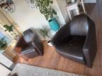Calia Italië Fauteuils 2 stuks + hocker donkerbruin leer, Huis en Inrichting, Ophalen, Gebruikt, 50 tot 75 cm, Leer