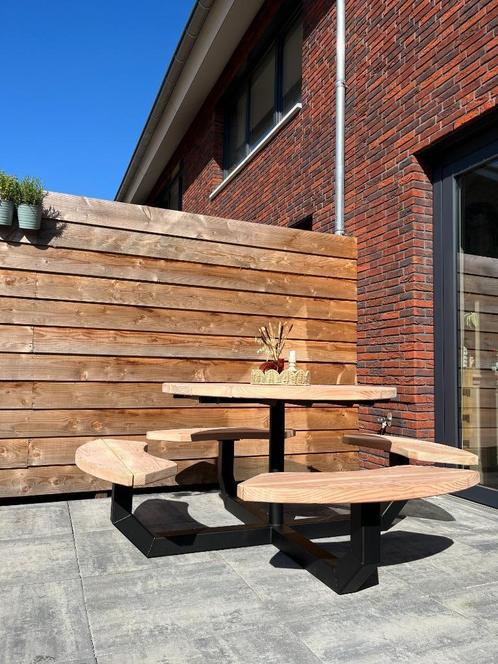 Ronde 8 persoons tuintafel met bankjes, Tuin en Terras, Tuintafels, Nieuw, Rond, Hout, Ophalen