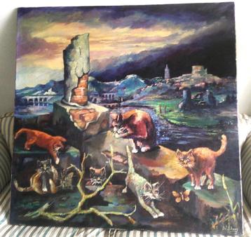 7 katten bij ruïne (GROOT, 125x125) - ca.1960 - gesigneerd beschikbaar voor biedingen