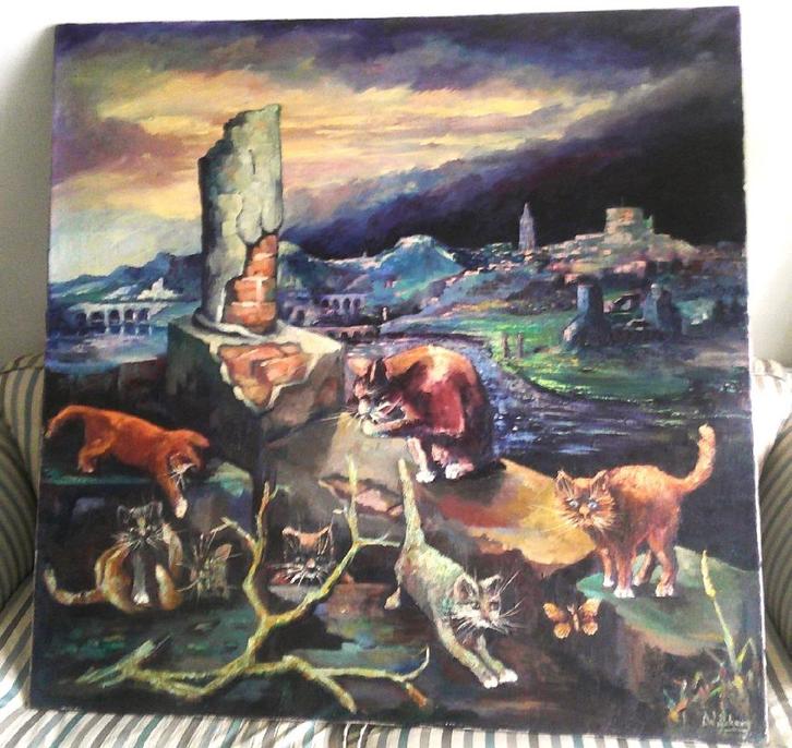 7 katten bij ruïne (GROOT, 125x125) - ca.1960 - gesigneerd, Antiek en Kunst, Kunst | Schilderijen | Klassiek, Ophalen