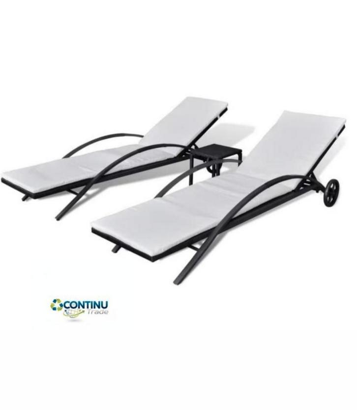 NIEUWE Ligbedden met kussen + tafeltje, Tuin en Terras, Ligbedden, Nieuw, Wicker, Verstelbaar, Verrijdbaar, Ophalen of Verzenden