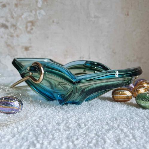 Vintage Murano Glazen Schaal 1960 blauw groen messing, Antiek en Kunst, Antiek | Glas en Kristal, Ophalen of Verzenden