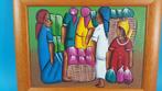 Prachtig kleurrijk schilderij op canvas, Markt Afrika. 6C7, Schilderij, Gebruikt, Ophalen of Verzenden