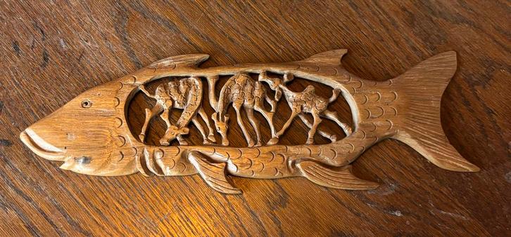 Houten Vis met Giraffen Houtsnijwerk, Huis en Inrichting, Woonaccessoires | Wanddecoraties, Gebruikt, Ophalen of Verzenden