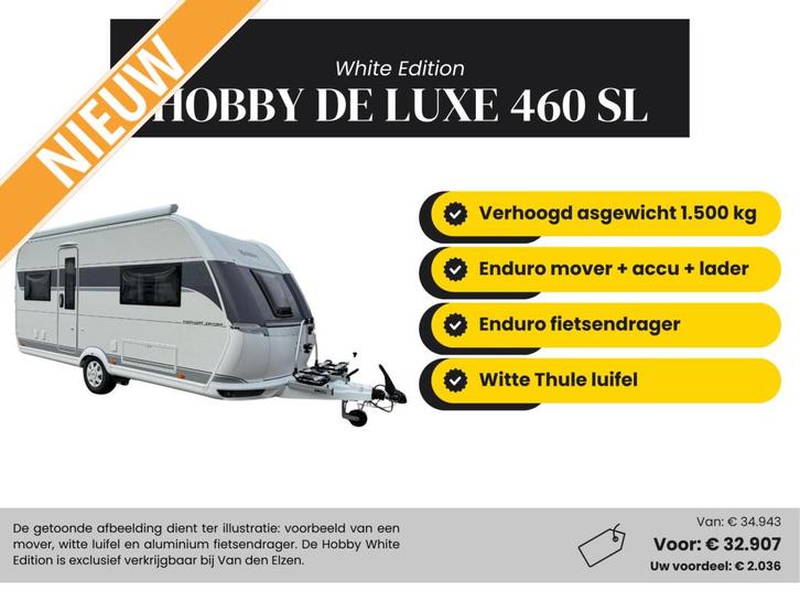 Hobby De Luxe 460 SL White Edition actiepakket, Caravans en Kamperen, Caravans, Bedrijf, tot en met 3, 1000 - 1250 kg, Treinzit