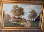 Landschap met huizen - Olieverfschilderij, Antiek en Kunst, Kunst | Schilderijen | Klassiek, Ophalen of Verzenden