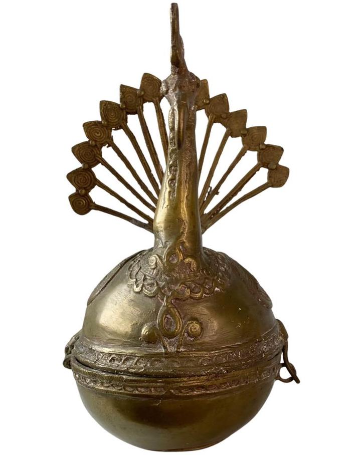 Antieke bronzen pauw-container – India – ca. 1750–1830, Huis en Inrichting, Woonaccessoires | Boeddhabeelden, Gebruikt, Ophalen of Verzenden