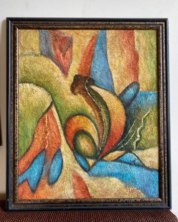 Abstract schilderij van een haan beschikbaar voor biedingen