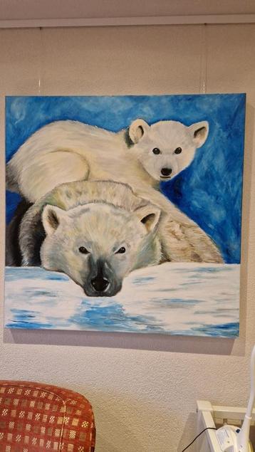 schilderij ijsbeer met jong 1 x 1 mtr. acrielverf beschikbaar voor biedingen