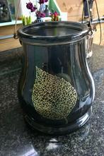 windlicht kandelaar donker glas met gouden blad vaas, Overige materialen, 25 tot 50 cm, Zwart, Ophalen of Verzenden