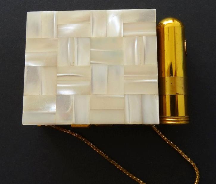 Vintage Ansico Parelmoer poederdoos + lipstick houder, Antiek en Kunst, Antiek | Goud en Zilver, Ophalen of Verzenden