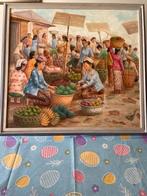 Schilderij INDO markt gesigneerd op linnen., Ophalen of Verzenden