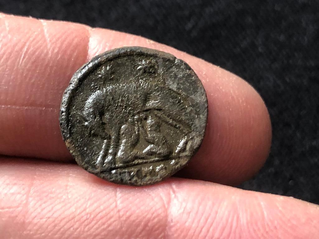 Bodemvondst Romeinse munt CONSTANTINUS met WOLVIN + tweeling, Ophalen of Verzenden