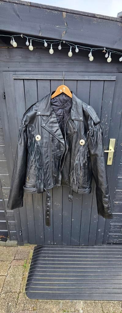 Stoere leren biker jas met franje en opdruk,  maat xxl, Kleding | Heren, Ophalen of Verzenden, Overige maten, Zwart