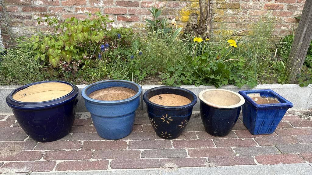 Keramische grote blauwe bloempotten buiten 5 stuks, Tuin en Terras, Bloempotten, Ophalen, Rond, Binnen, Zo goed als nieuw