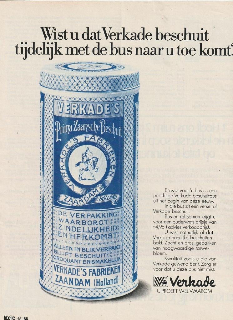 Retro reclame 1984 Verkade Zaandam beschuitbus blik, Verzamelen, Retro, Verzenden, Overige typen