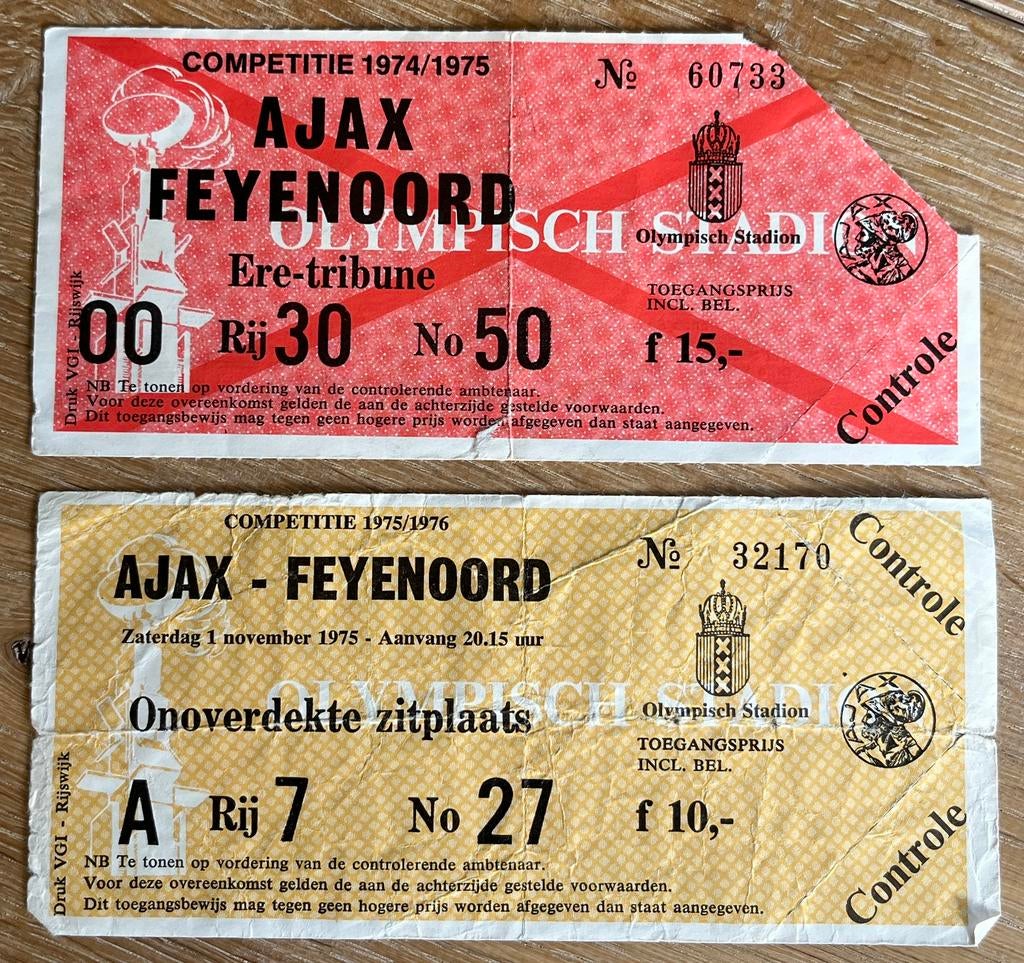 2 x toegangskaartje Ajax-Feijenoord seizoen 74/75 en 75/76, Verzamelen, Ophalen of Verzenden, Gebruikt, Ajax