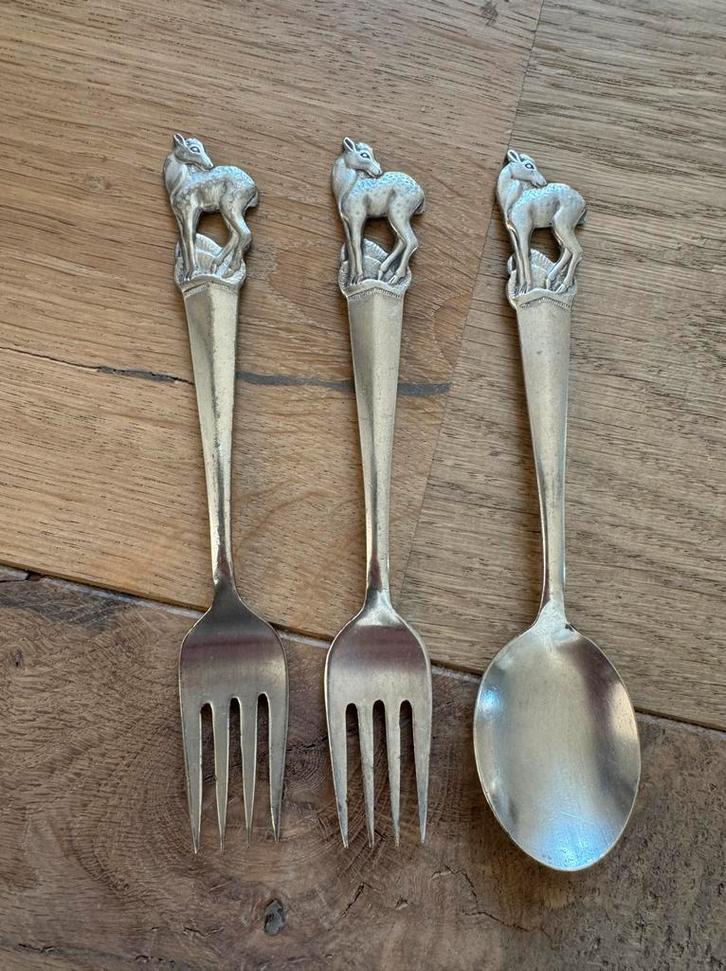Vintage Bestekset met Hertenmotief - Lepel en Vorken, Antiek en Kunst, Antiek | Bestek, Ophalen of Verzenden