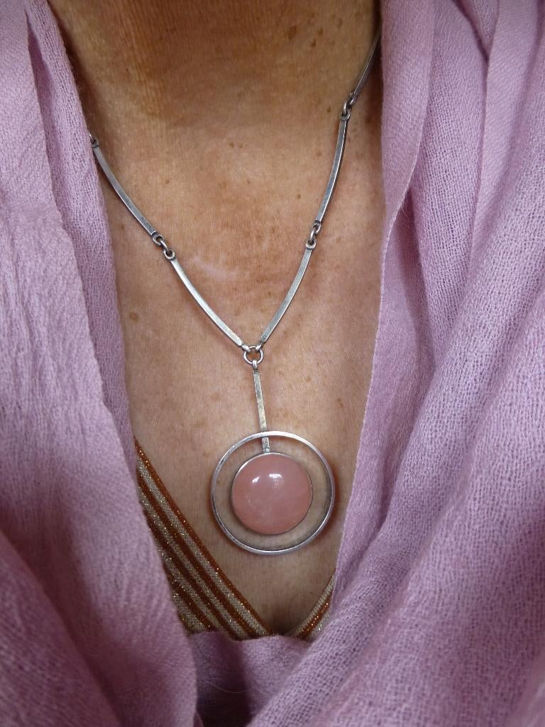 NE FROM  Design Zilveren Collier + Hanger Rozenkwarts, Verzenden, Zilver, Ketting, Met edelsteen