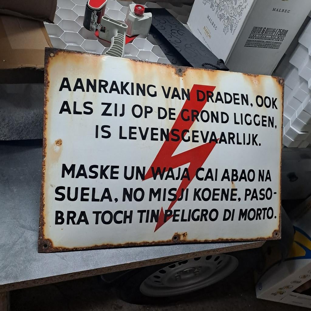 Gevaar netspanning emaille bord 52x36cm bol Langcat, Ophalen of Verzenden