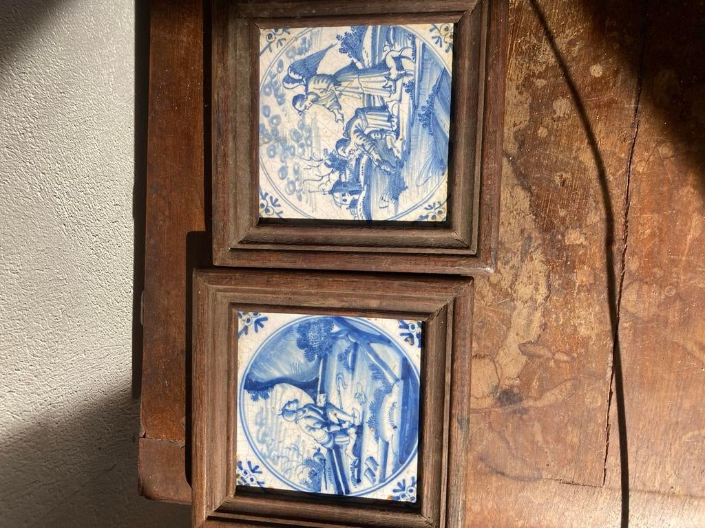 Antieke Delfts Blauwe Tegels in Lijst - Bijbelse Scènes, Antiek en Kunst, Antiek | Wandborden en Tegels, Ophalen of Verzenden