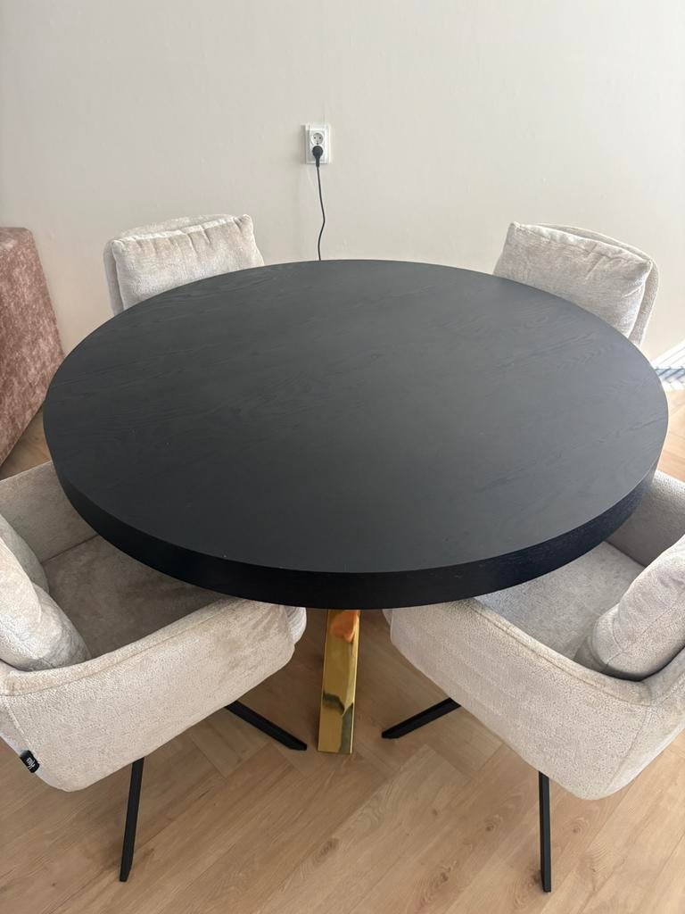Eettafel zwart/ goud set met 4 stoelen, Ophalen, Rond, Zo goed als nieuw, Vier personen