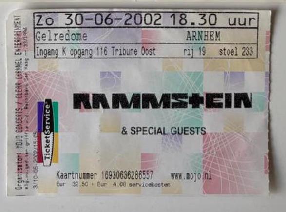 Rammstein - Concertkaartje/Ticket 2002 - Verzamelen, Eén persoon, Juni, Hard Rock of Metal