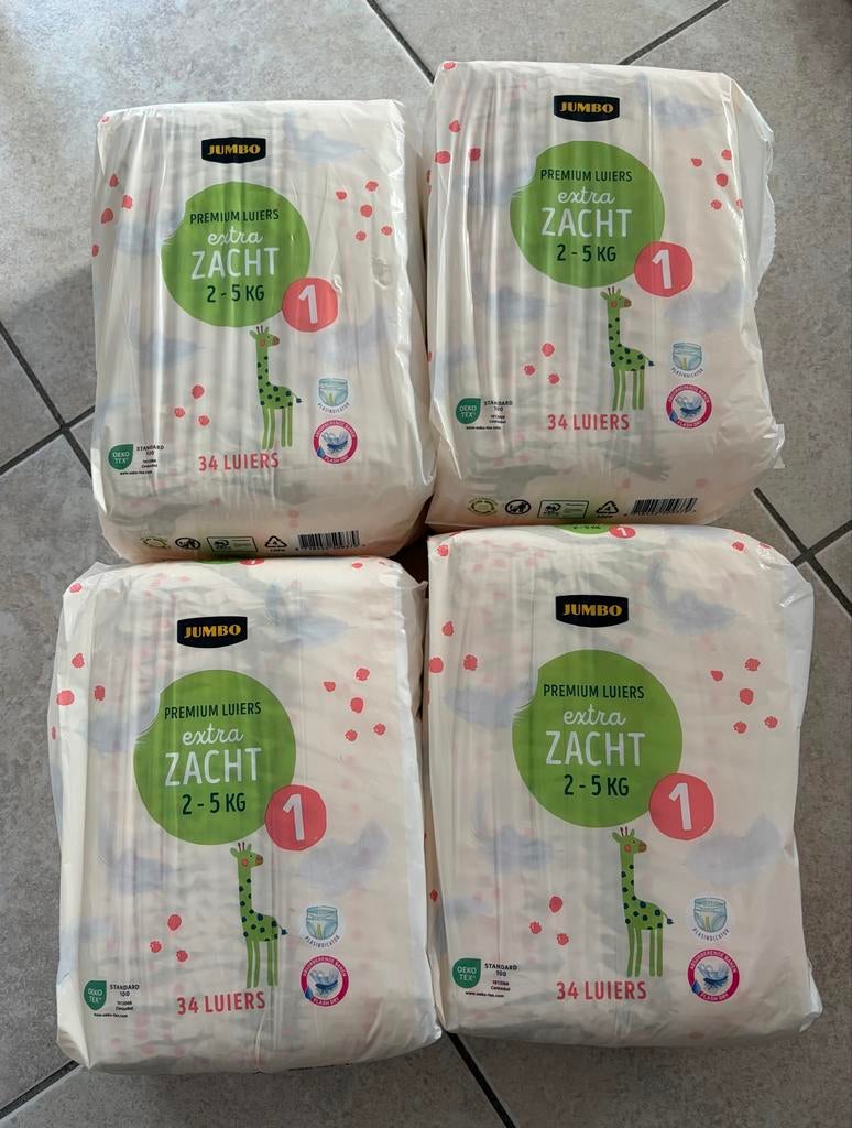 136 (4x34) Jumbo luiers maat 1 (2-5kg), Ophalen of Verzenden, Nieuw, Jongetje of Meisje