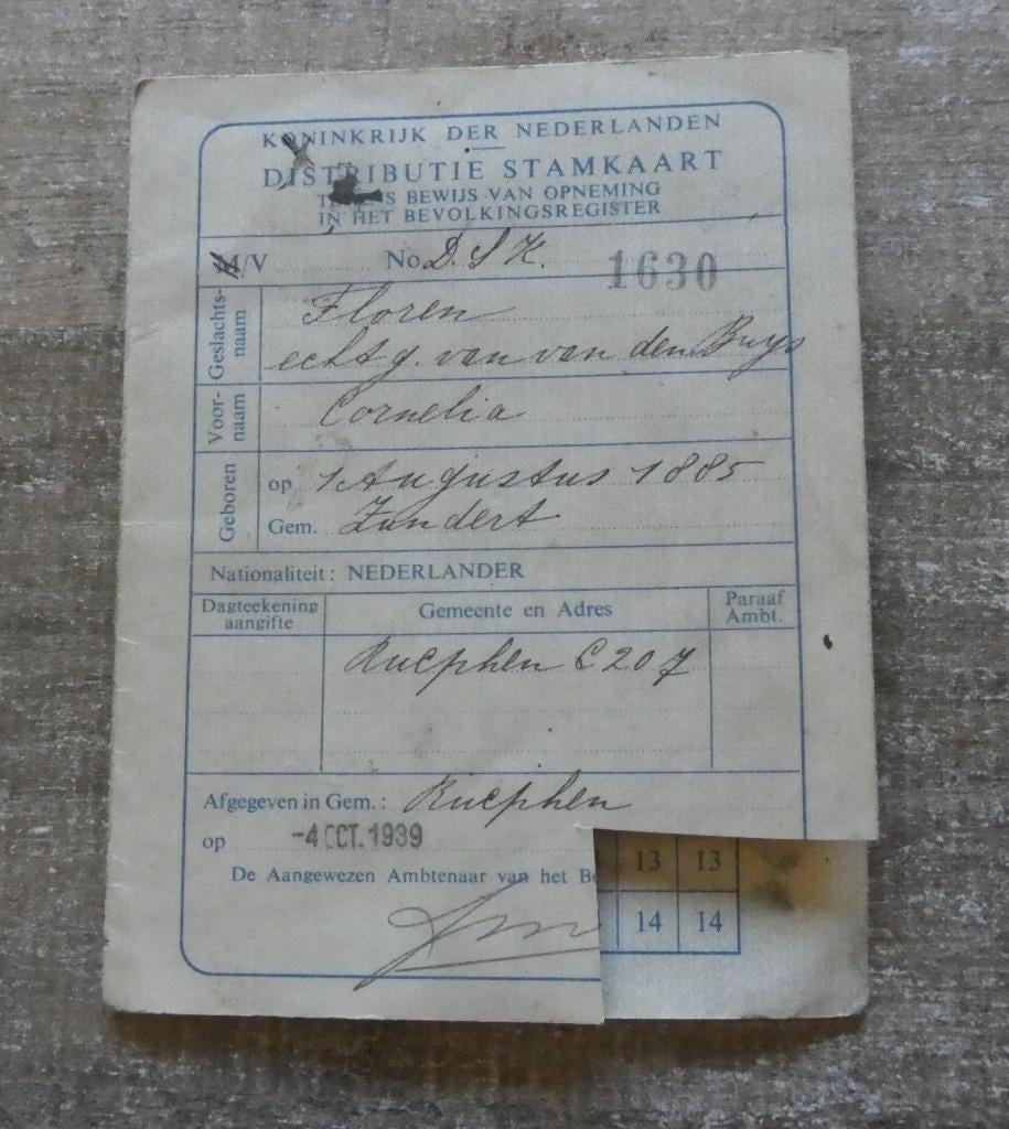 Distributie stamkaart Rucphen wo2 4 CCT 1939 Nr. 1630., Verzamelen, Militaria | Tweede Wereldoorlog, Ophalen of Verzenden, Overige soorten