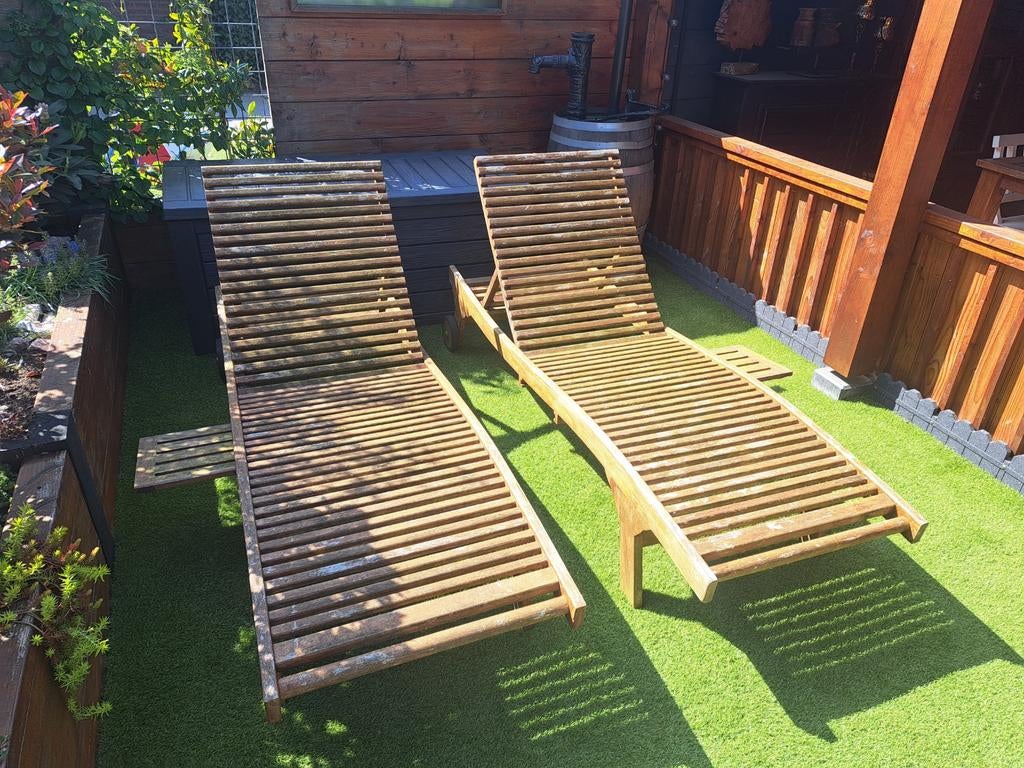 2 x Hardhouten ligbedden, Ophalen of Verzenden, Gebruikt, Hout