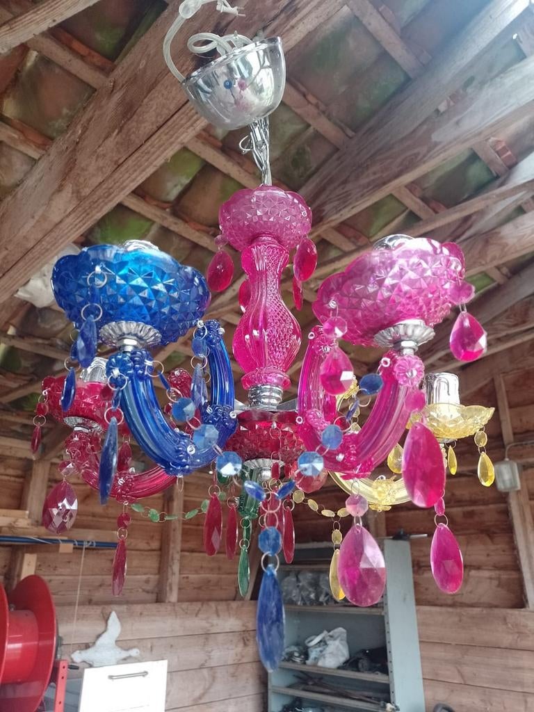 Kleurrijke Kroonluchter met Kristallen, Huis en Inrichting, Lampen | Kroonluchters, Ophalen of Verzenden, Gebruikt, Metaal, Eclectisch, Speels, Modern, Kleurrijk