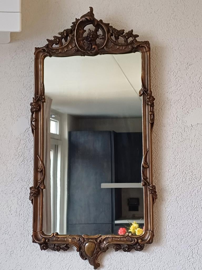 Te koop: Antieke rococco spiegel met kuif - zie tekst, Ophalen of Verzenden, Rechthoekig, Minder dan 50 cm, Minder dan 100 cm