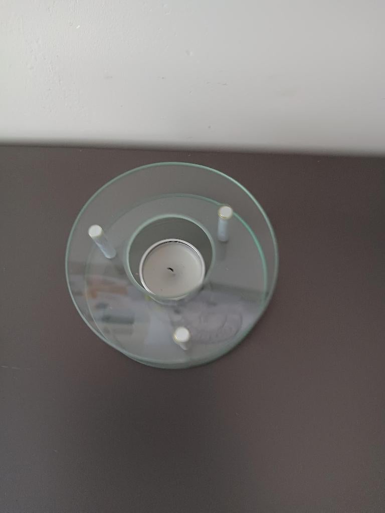 Glazen theelichthouder met metalen accenten modern design, Overige materialen, Gebruikt, Wit, Ophalen of Verzenden