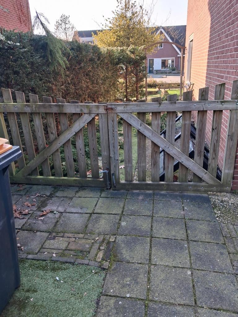 Houten hekwerk met 2-delige poort, Tuin en Terras, Tuinhekken en Hekwerk, Ophalen, Met poort, Gebruikt, Tuinhek