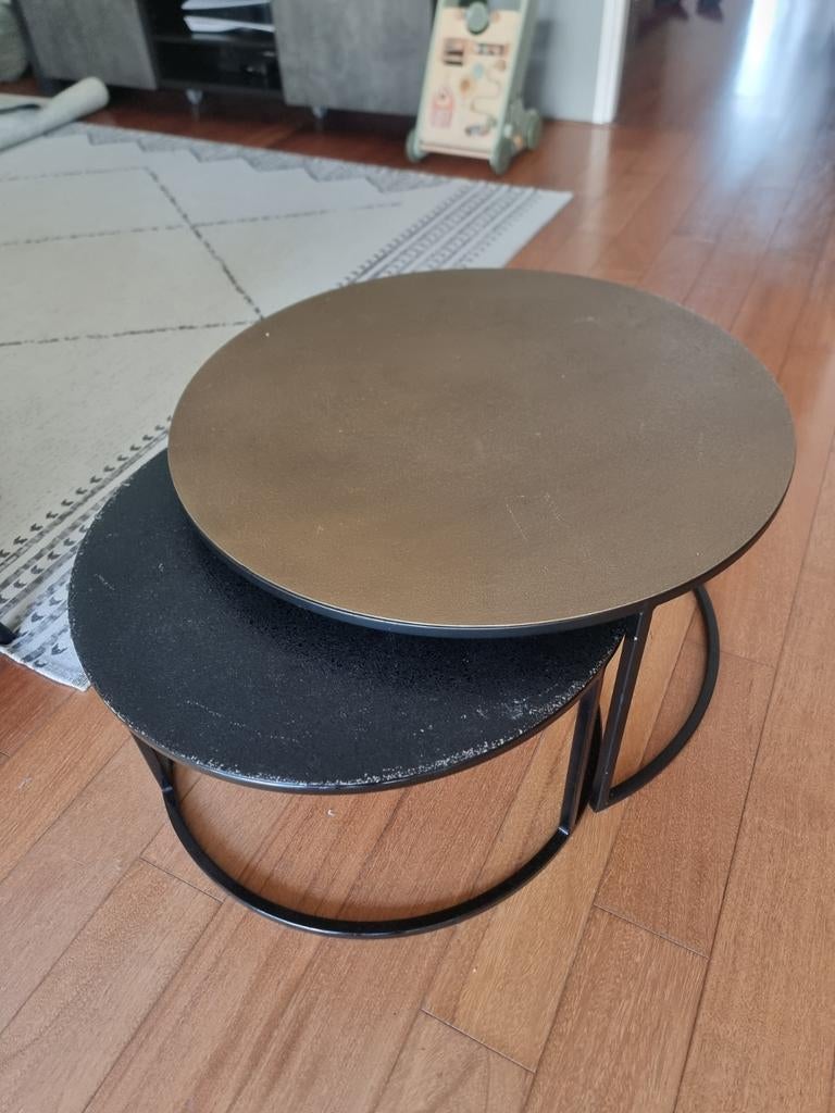 Set van 2 ronde salontafels - Zwart en Brons, Huis en Inrichting, Tafels | Bijzettafels, Ophalen, Minder dan 45 cm, Gebruikt, Modern, Industrieel