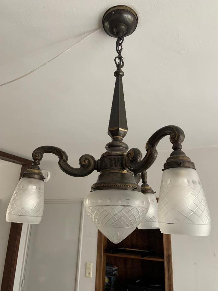 antieke bronzen kroonluchter Art Deco, Huis en Inrichting, Lampen | Kroonluchters, Gebruikt, Glas, Metaal, Ophalen